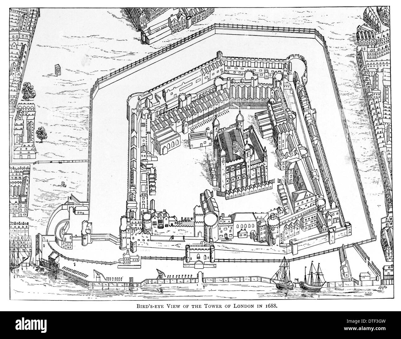 Vogelperspektive auf den Tower of London im Jahre 1688 Stockfoto