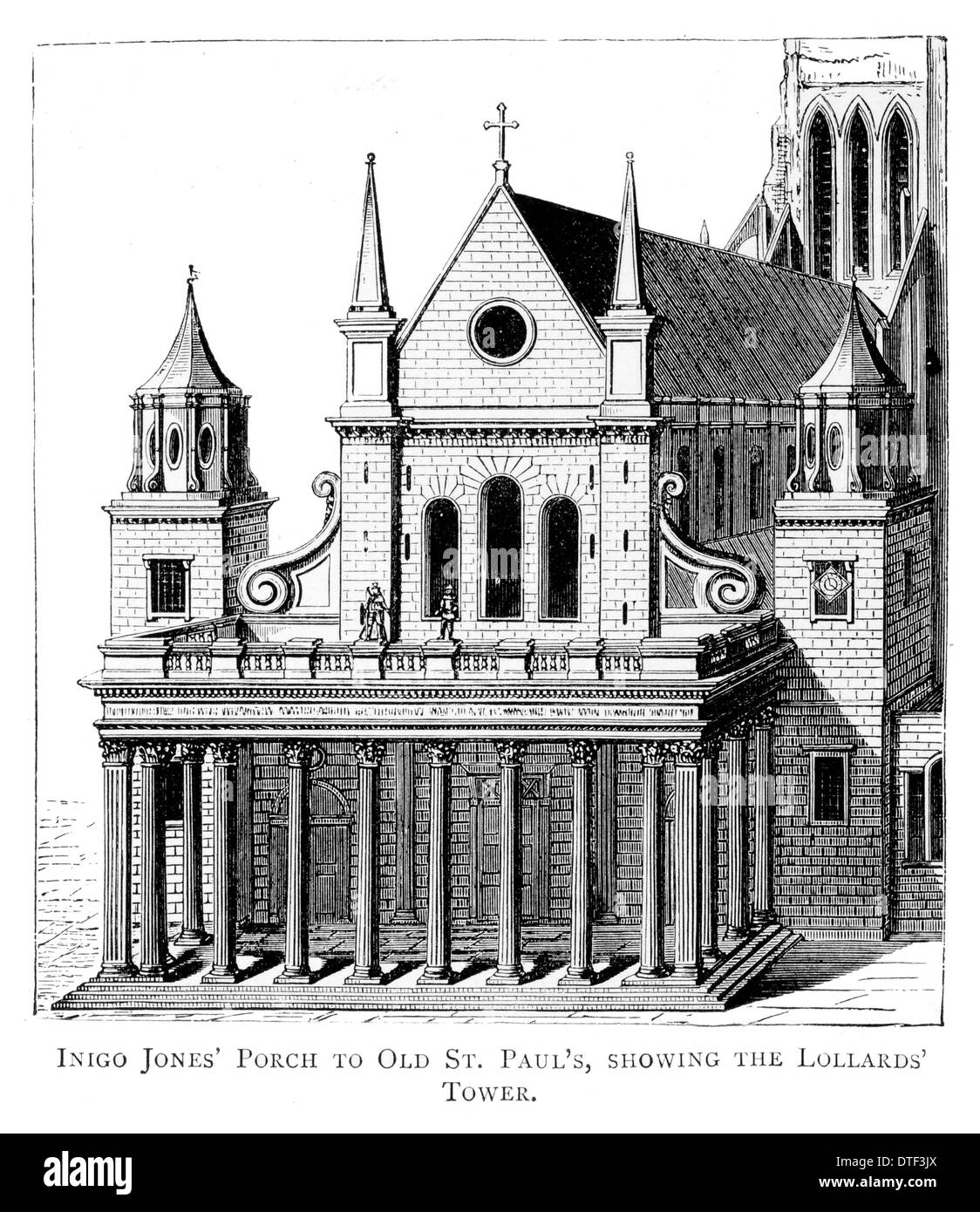 Inigo Jones Veranda zum old Saint Paul es zeigt der Lollarden-Turm zerstört im großen Feuer 1666 Stockfoto