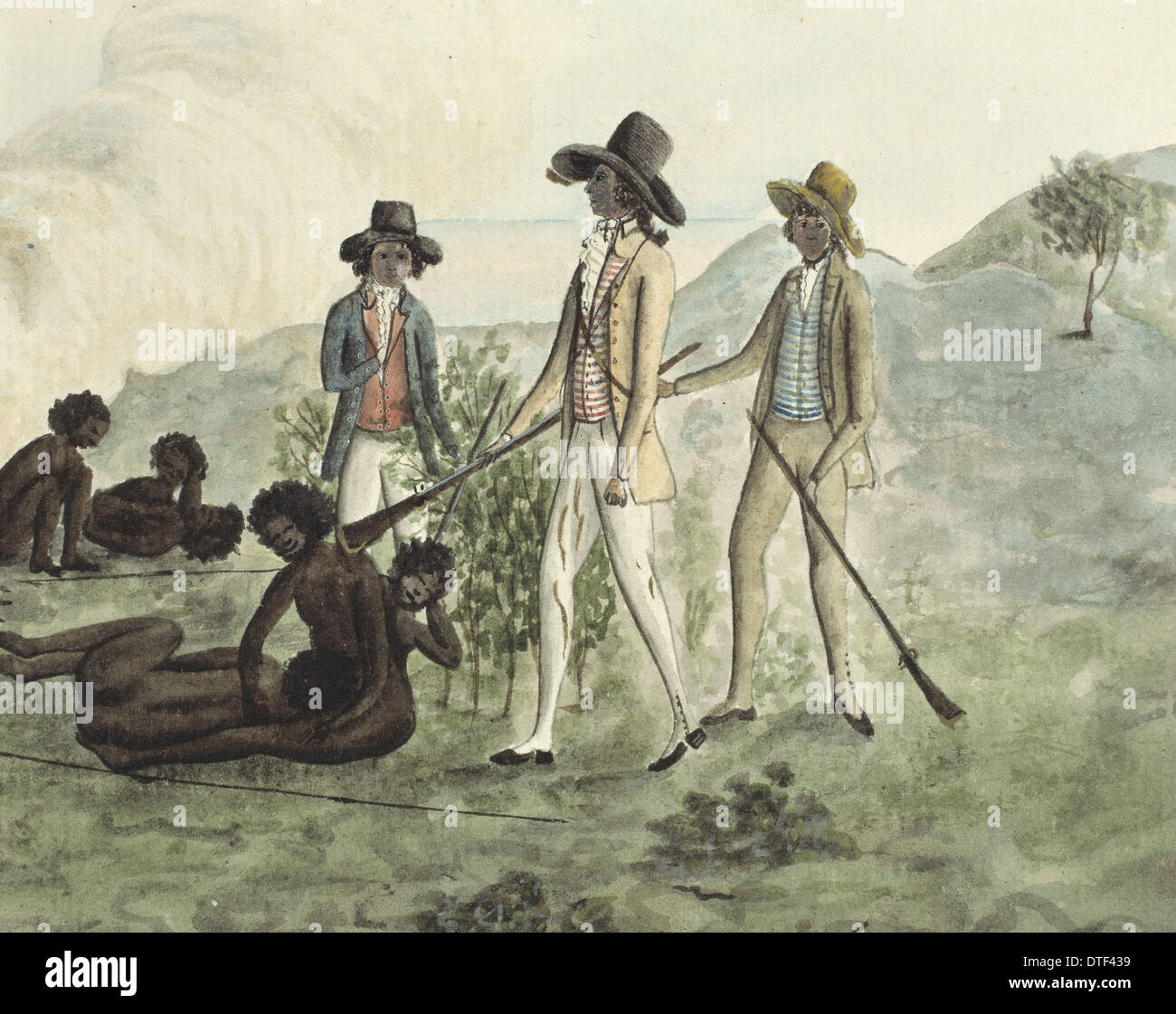 Herr weiß, Harris und Laing mit einer Gruppe von Soldaten, die Botany Bay zu besuchen Stockfoto