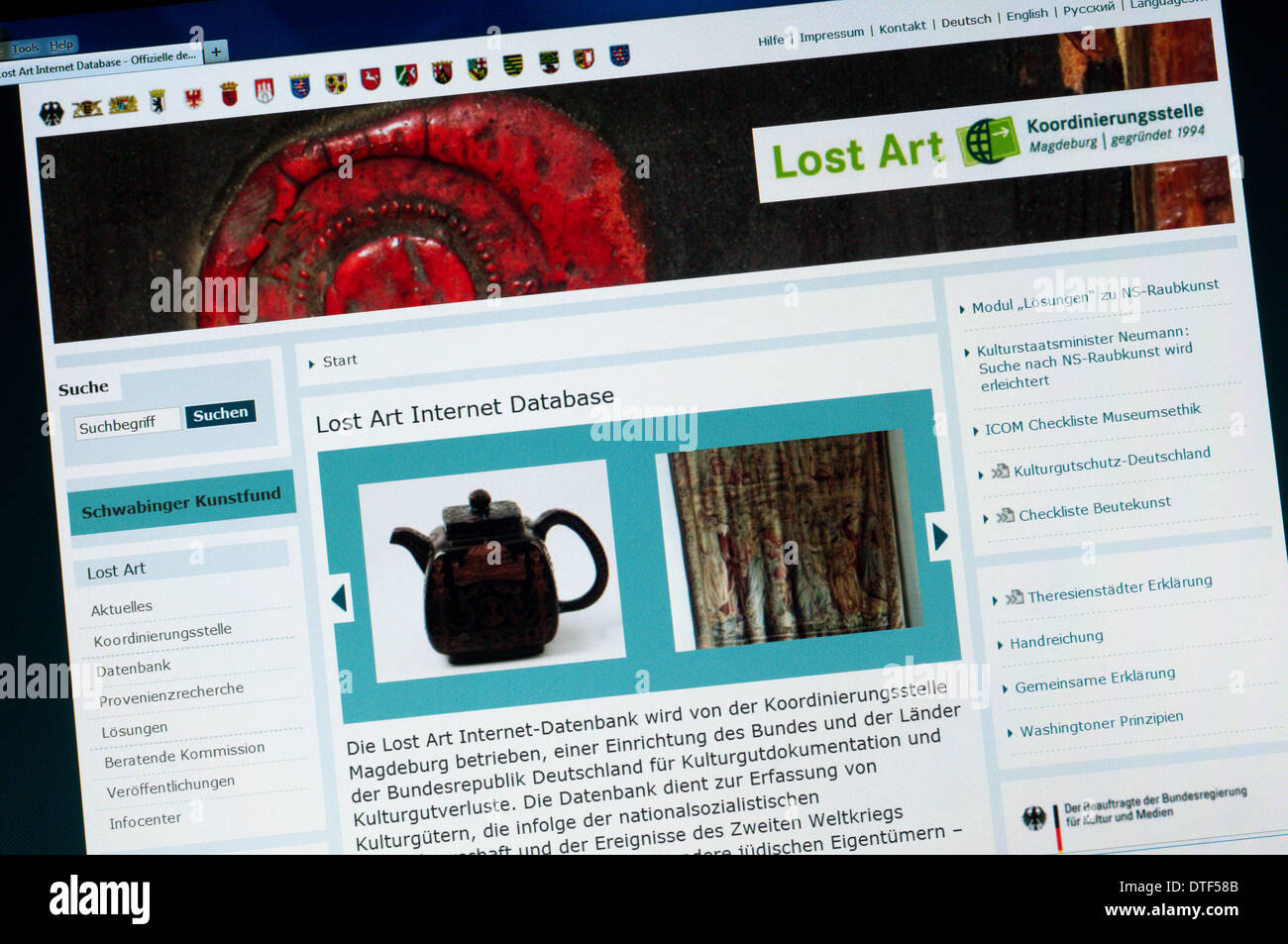 Die Lost Art Internet-Datenbank. Stockfoto