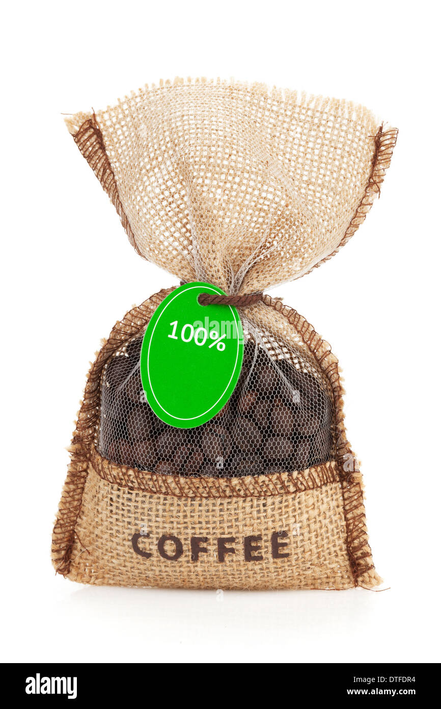 Kaffee kleine Tasche mit Etikett. Isoliert auf weißem Hintergrund Stockfoto