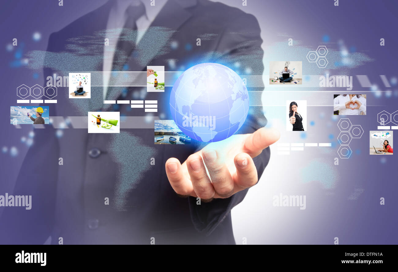 Geschäftsmann in eine globale virtuelle Verbindung. Konzept des global business Stockfoto