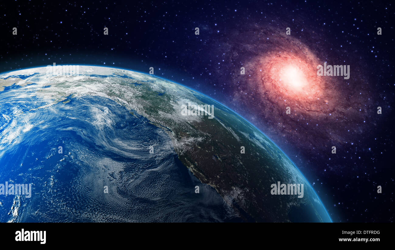 Eine Ansicht der Erde und einer Spiralgalaxie im Hintergrund Stockfoto