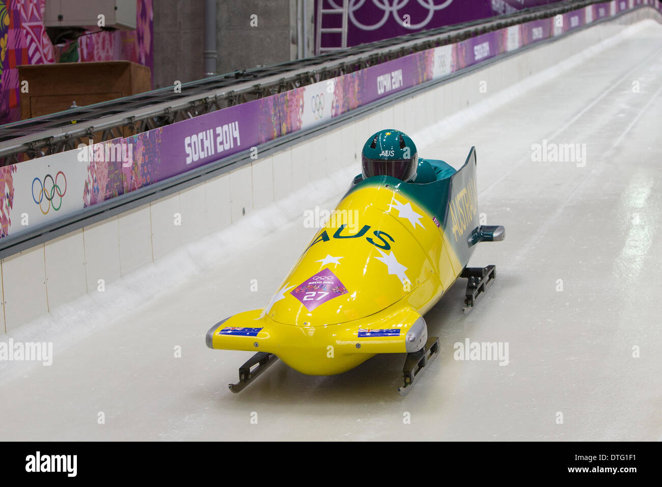 Sanki Dia Center, Sotschi, Russland. 17. Februar 2014. 2014 Olympische Spiele, 2er-Bob. Heide Spence, Duncan Harvey AUS-1 auf 2014 Winter Olympics Credit: Action Plus Sport/Alamy Live News Stockfoto