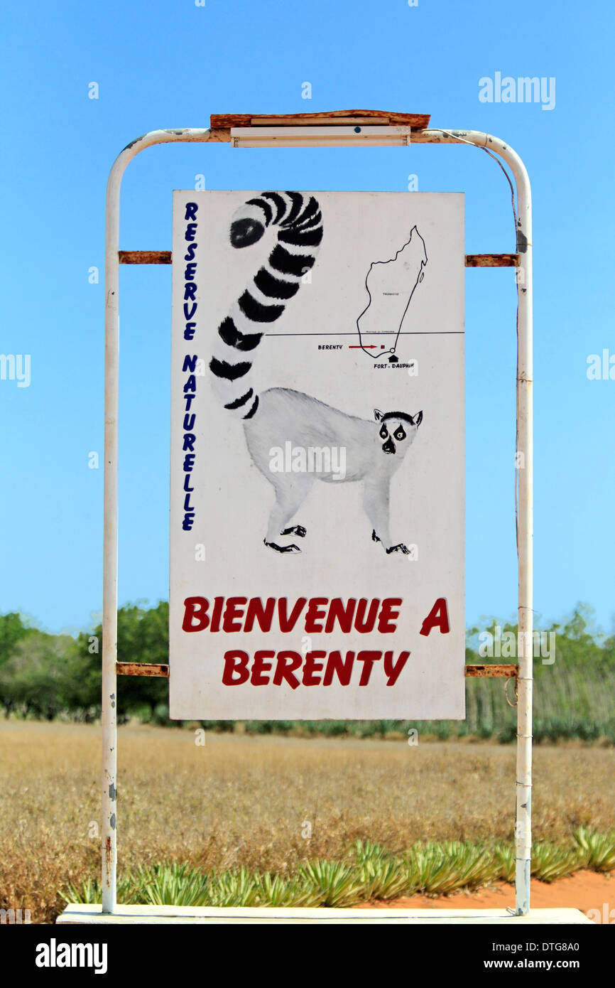 Berenty Zeichen, Berenty Reserve, Madagaskar Stockfoto