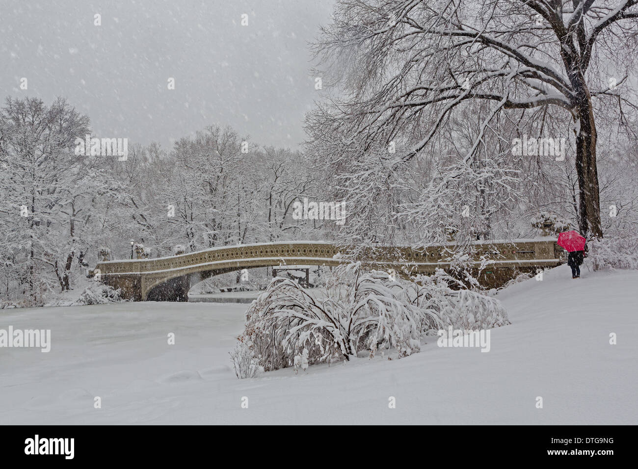 Wahrzeichen von Bogen Brücke im Central Park wird zu einem Winter Wonder Land während eines Winters Schneesturm. Der Central Park in New York City. Der Guss Bogen Brücke ist die grösste Brücke im Central Park und wurde 1862 abgeschlossen. Stockfoto