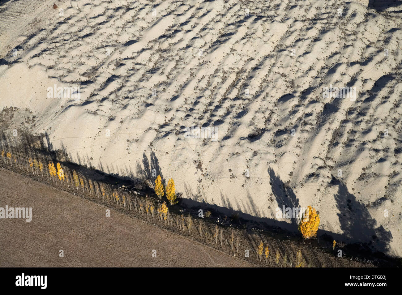 Earnscleugh historische Gold Dredge Tailings und Pappeln, in der Nähe von Alexandra, Central Otago, Südinsel, Neuseeland - Antenne Stockfoto