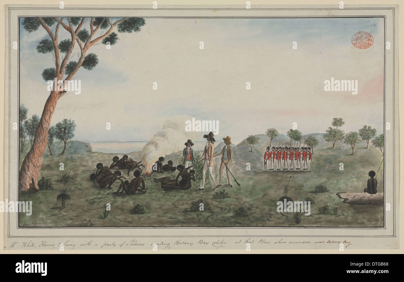 Eine Begegnung zwischen britischen Kolonisten und australischen Aborigines in Botany Bay Stockfoto