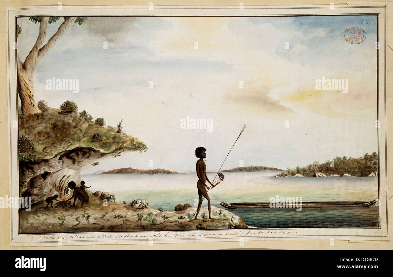 Ein Aborigine Familie in einem Hafen-Landschaft Stockfoto