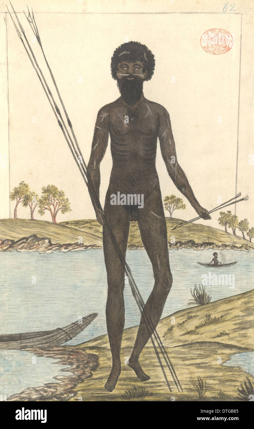 Porträt eines Aborigine-Mannes namens Cameragal, mit Waffen ausgestattet Stockfoto
