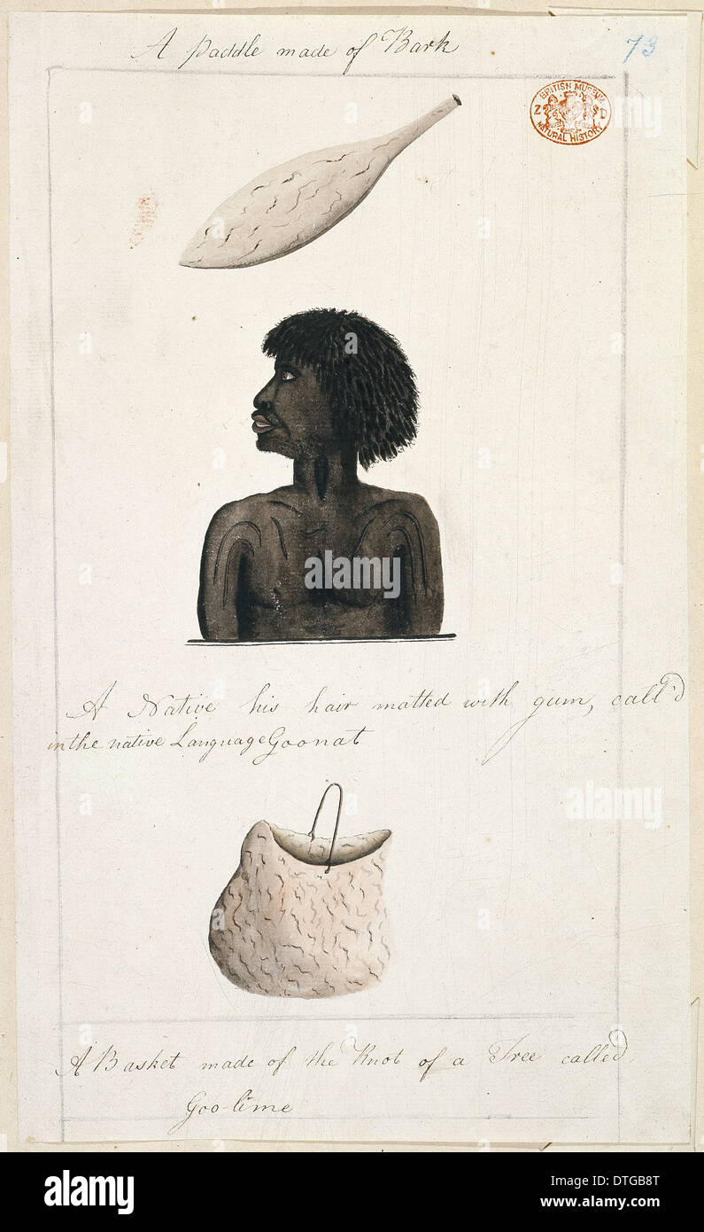 Ein Aborigine mit seinem Haar verfilzt mit Kaugummi, Rinde Paddel und einen Korb Stockfoto