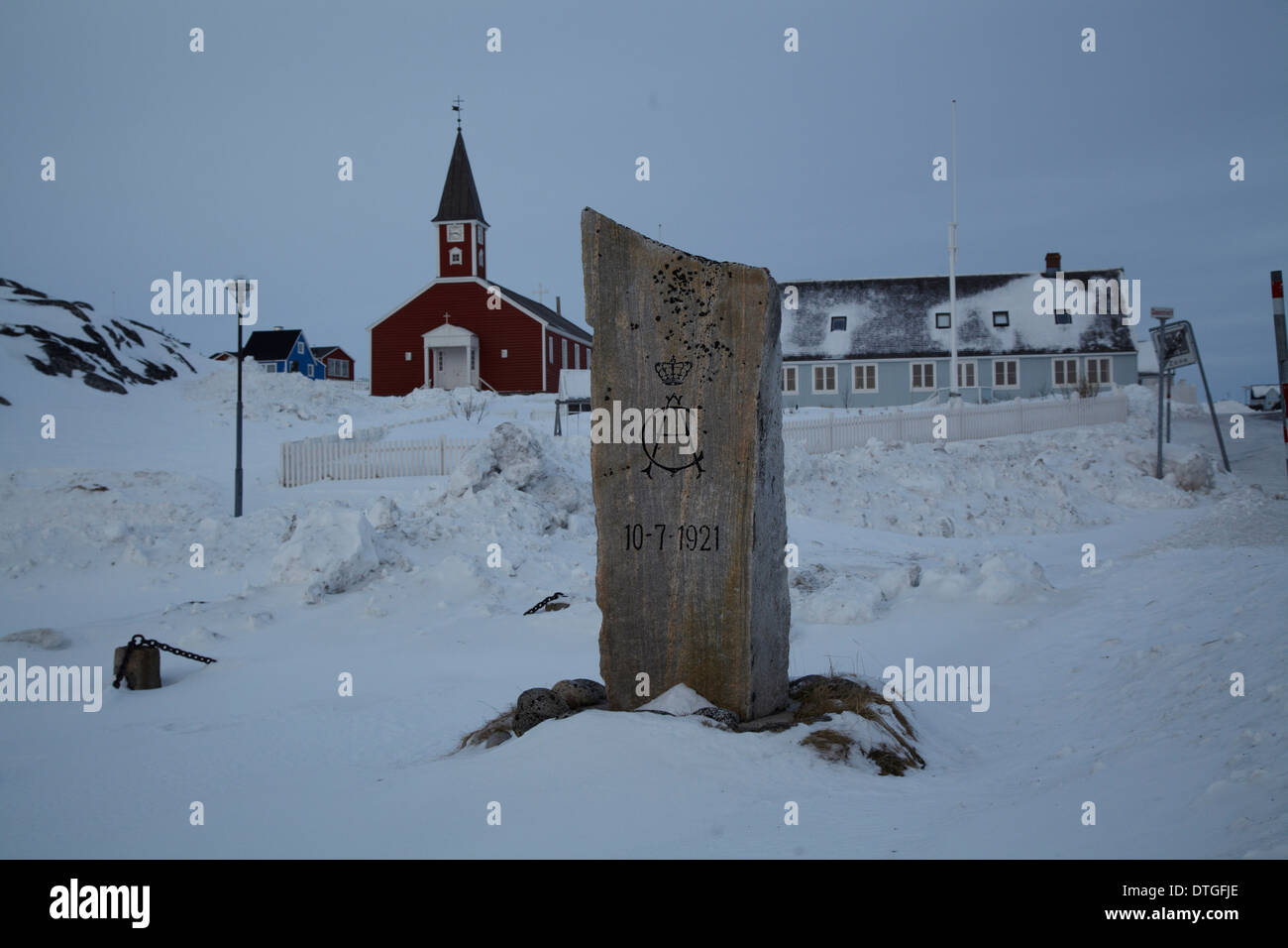 Stein zum Gedenken an. Ersten dänischen königlichen Besuch in Nuuk (Godthab), Grönland Stockfoto