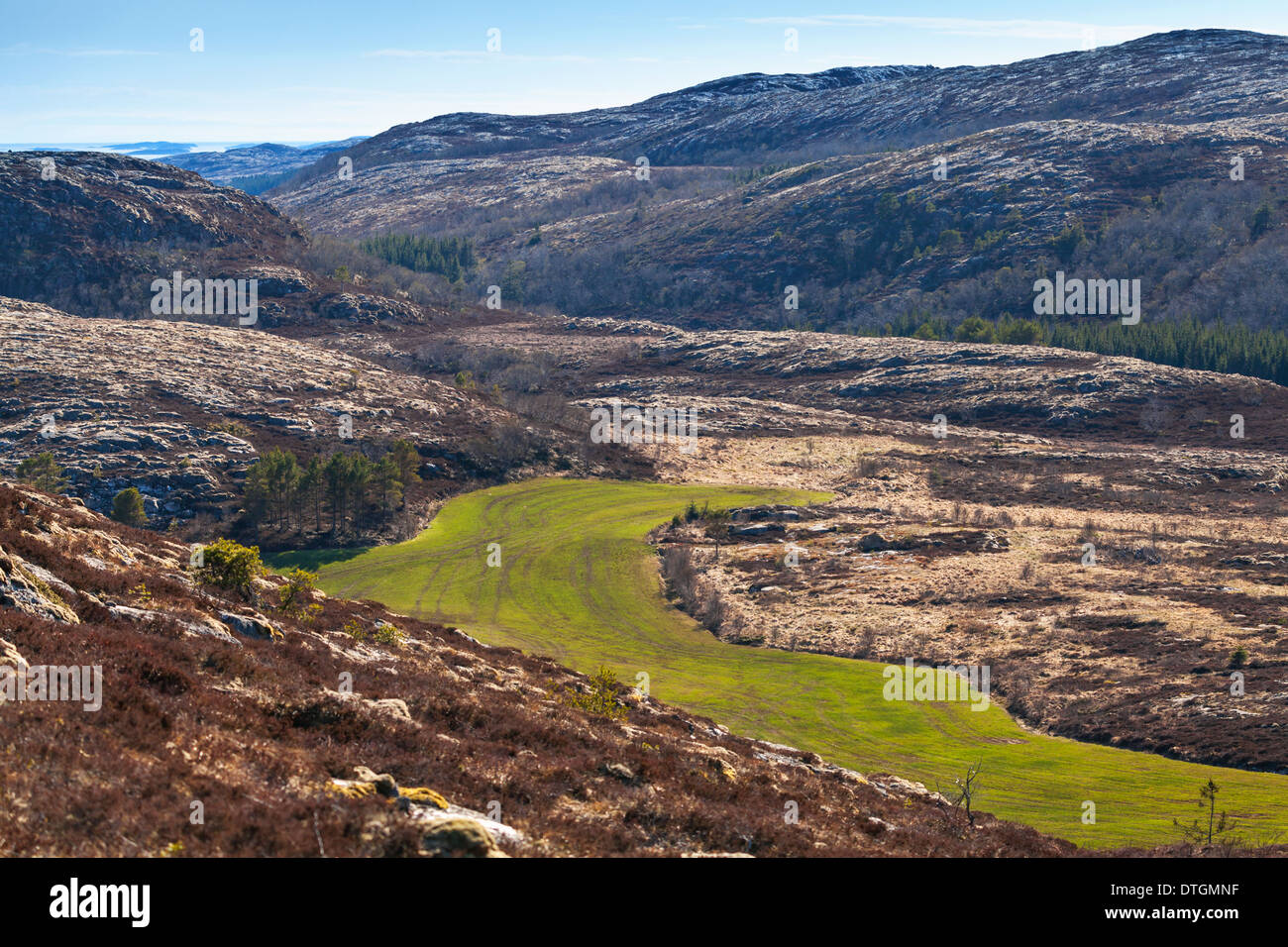 Norwegische Frühlingslandschaft mit Bergen und grünen Wiese Stockfoto