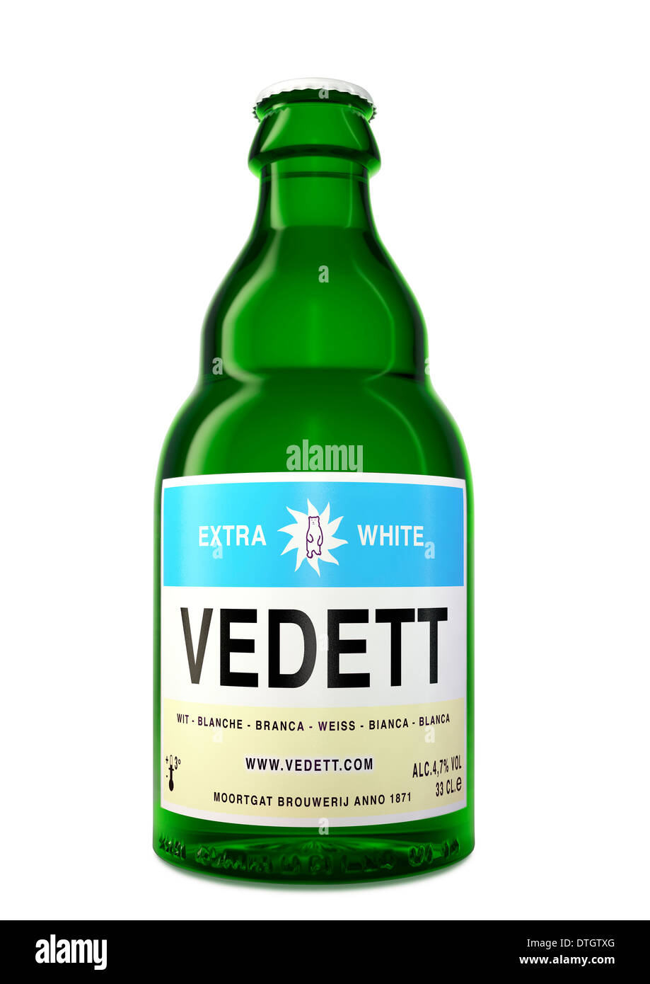 Vedett extra weißes Bier Flasche auf weißem Hintergrund - Ausschnitt Stockfoto
