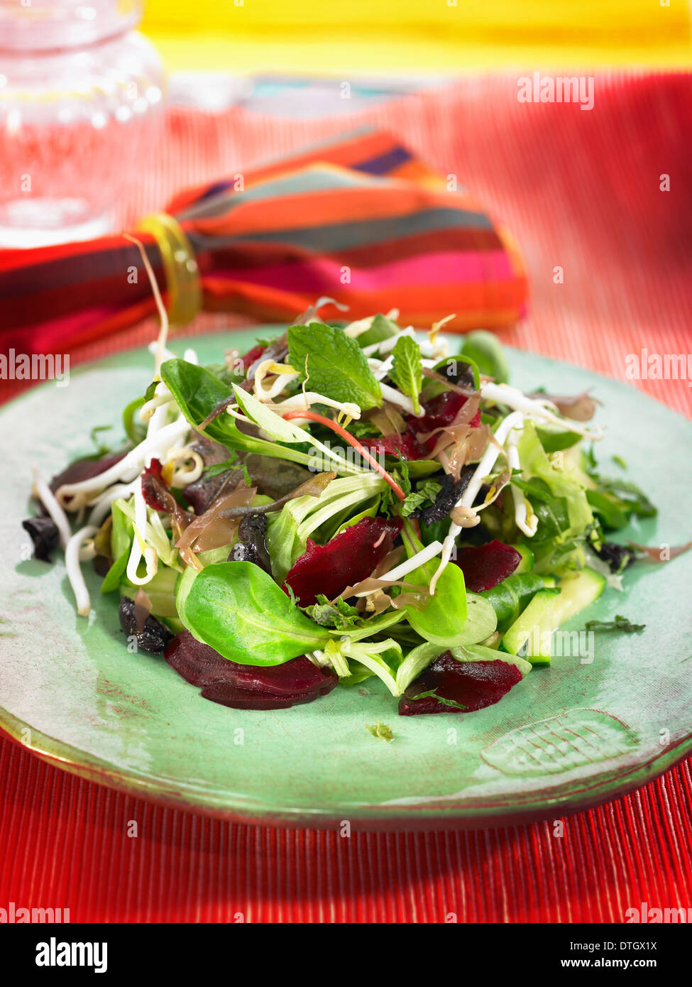 Mais-Salat, rote Beete, Zucchini, Dulse Algen, schwarzen Oliven, Salat mit Sojabohnenkeimen und Minze Stockfoto
