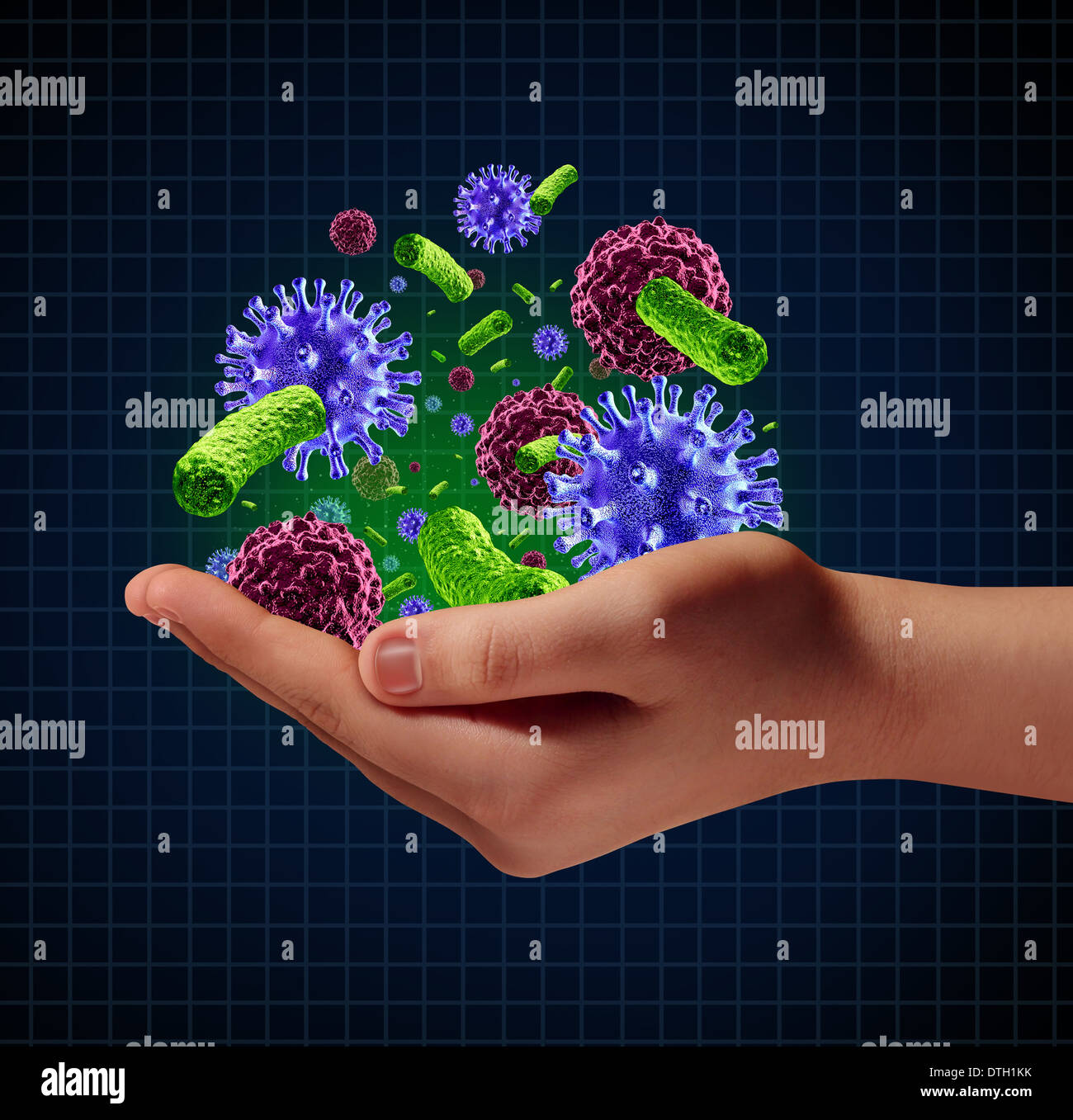 Risiko medizinische Gesundheitsversorgung Krankheitskonzept mit einer menschlichen Hand mikroskopischen Krebs Viren und Bakterien Zellen als Metapher für den Erreger Schutz vor ansteckenden Krankheit und Krankheit. Stockfoto