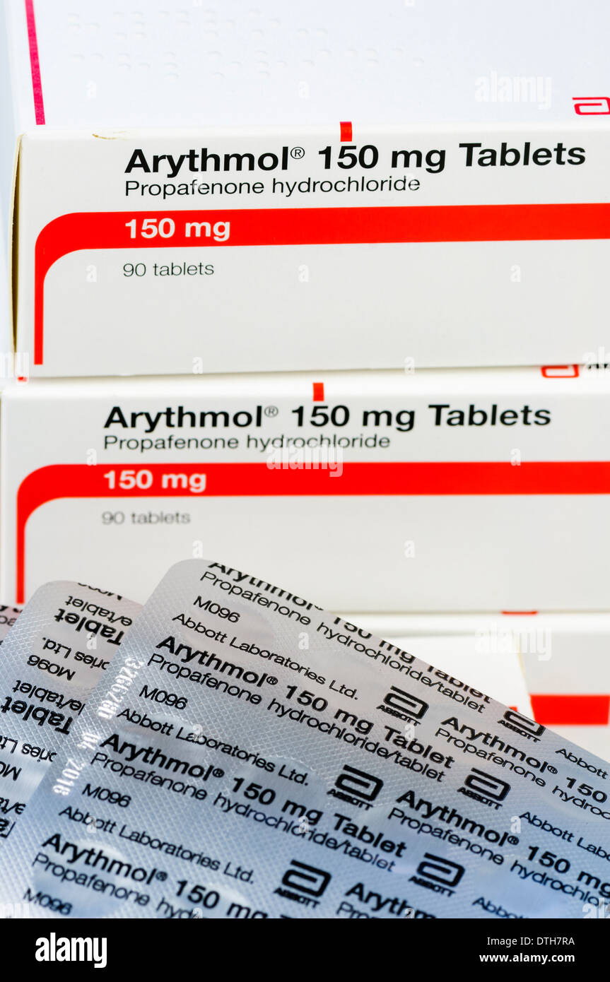 Arythmol (Propafenon Hydrochlorid) Tabletten, 150mg, verwendet in der Behandlung von unregelmäßigen Herzrhythmus. Stockfoto