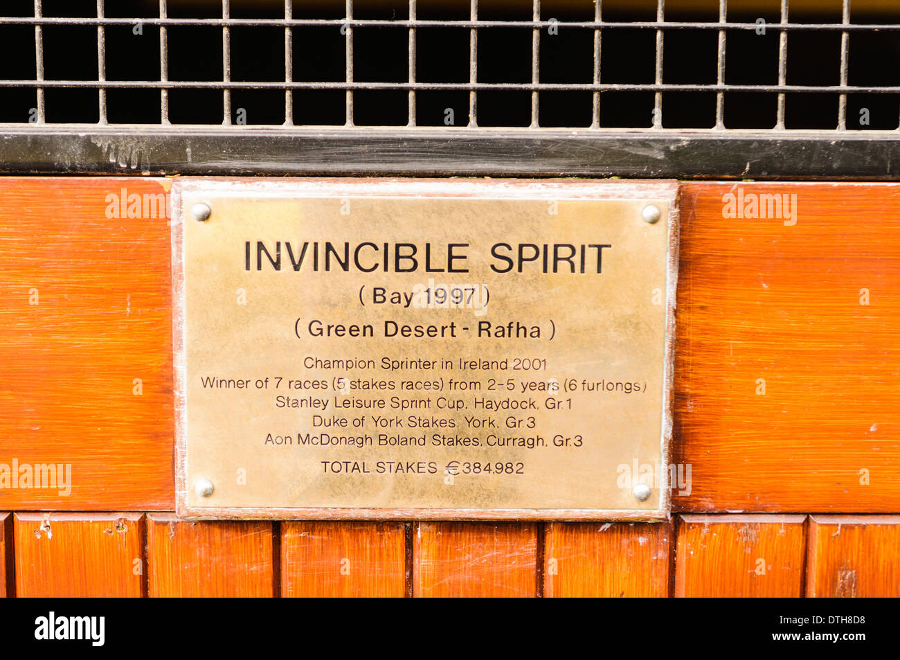Typenschild für Invincible Spirit Stud Horse an das irische Nationalgestüt. Stockfoto