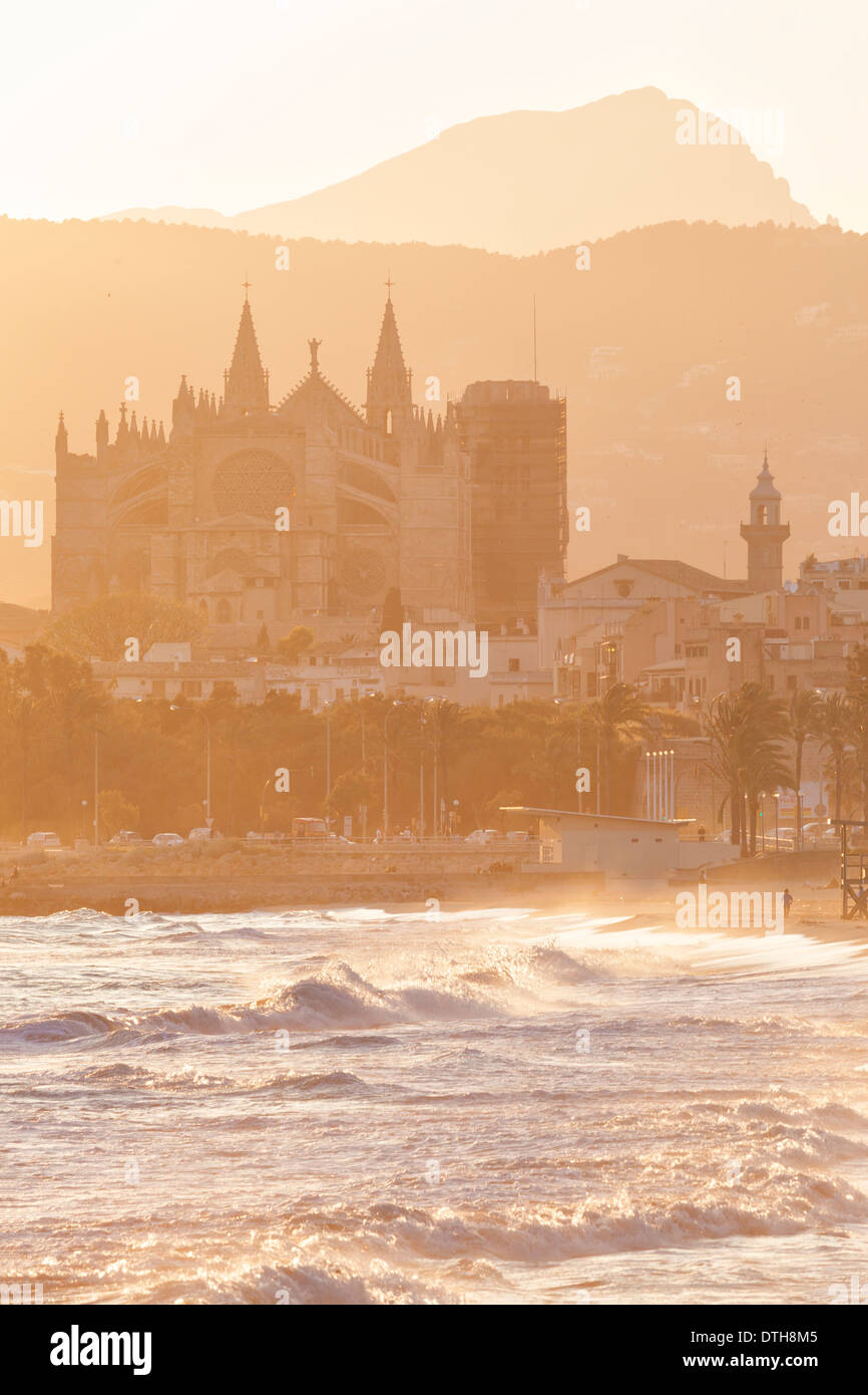 13. Jahrhundert Kathedrale von Palma de Mallorca. Ostfassade bei Sonnenuntergang. Blick vom Strand von Can Pere Antoni. Balearen, Spanien Stockfoto