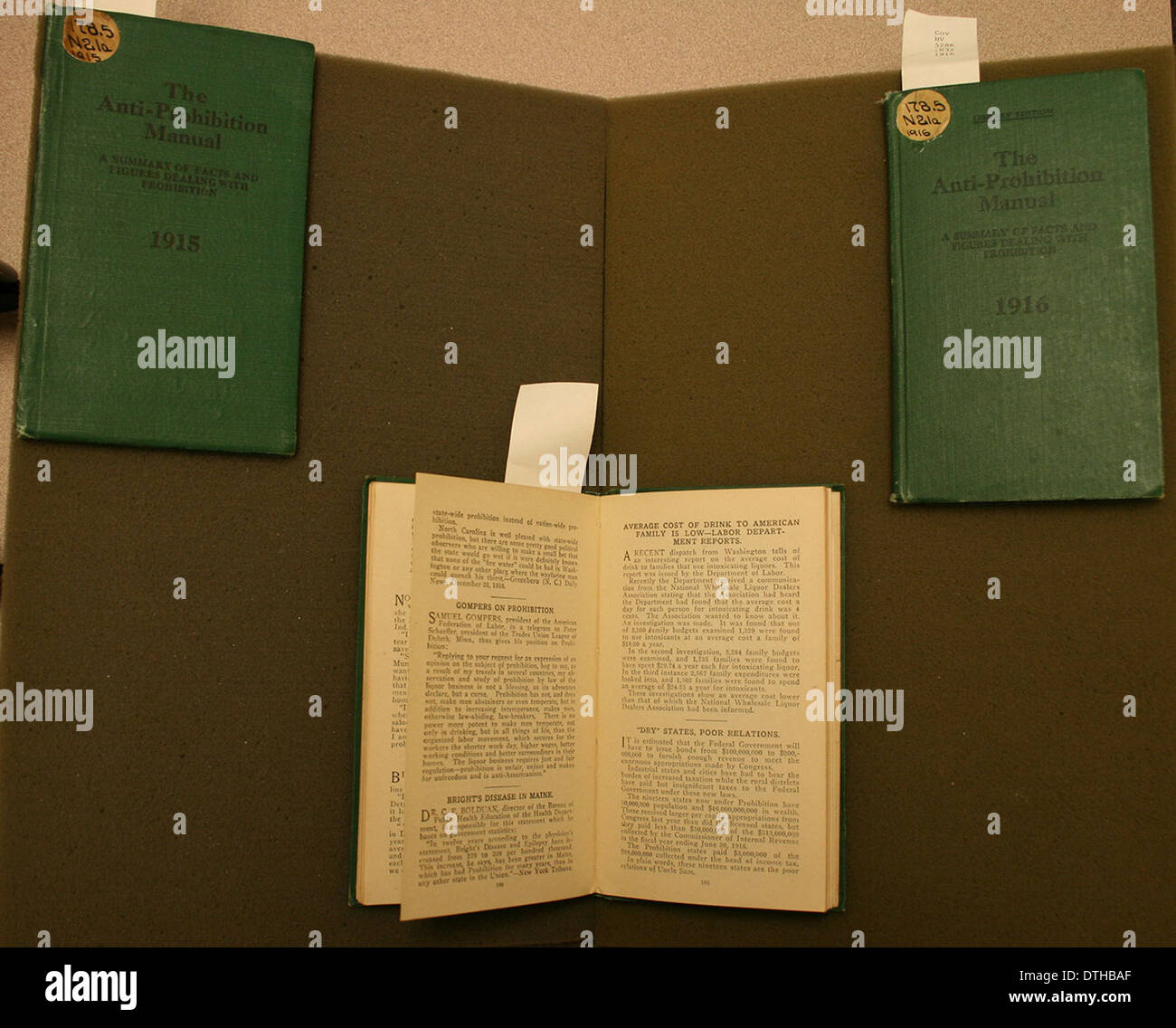 Diese Sammlung von Handbüchern und Handbüchern gegen das Verbot gibt Einblicke in die gesellschaftlichen und politischen Bewegungen während der Prohibition-Ära. Diese Werke trugen dazu bei, die öffentliche Meinung gegen Alkoholverbote in den Vereinigten Staaten zu prägen. Stockfoto