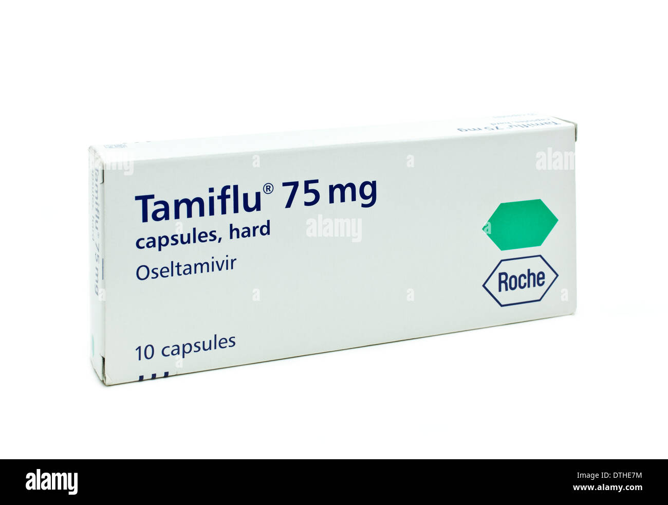 eine Schachtel mit 10 Kapseln Tamiflu auf weißem Hintergrund Stockfoto