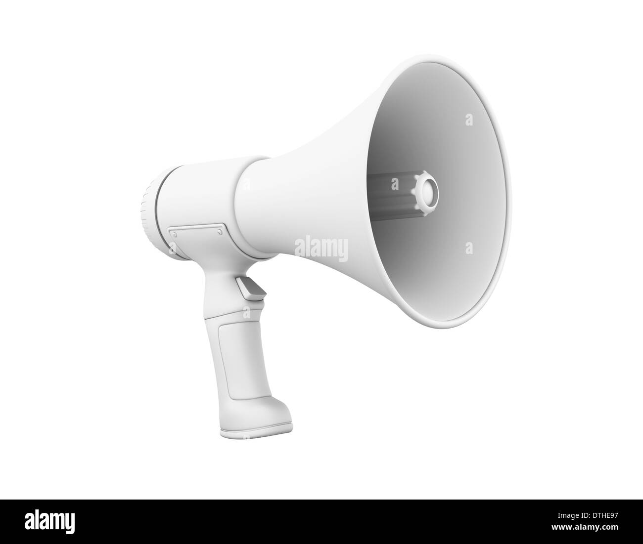 Ein grauer Megaphon auf weißem Hintergrund, Perspektive. Stockfoto