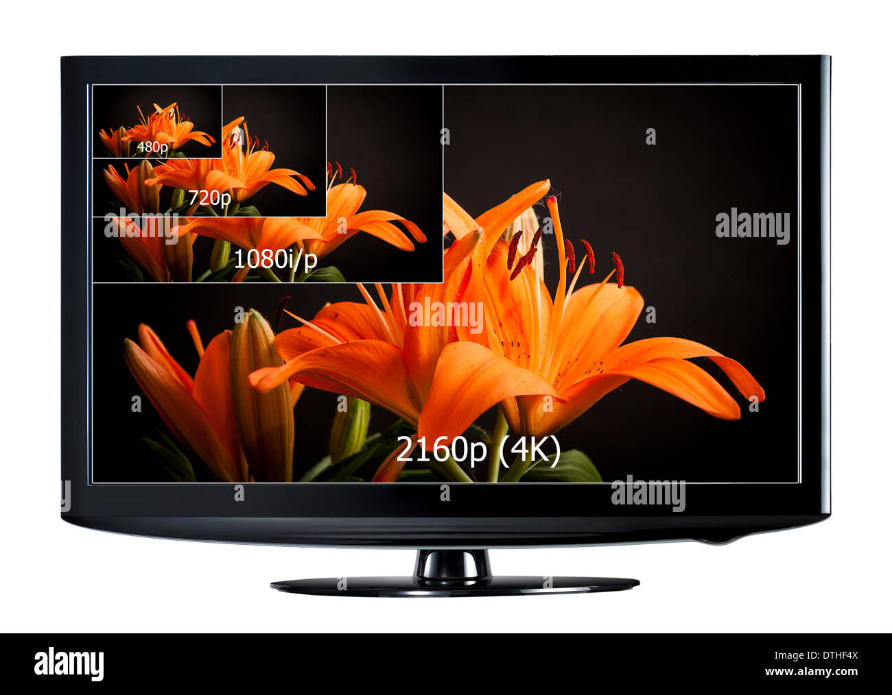 4K TV Display mit Vergleich der Auflösungen. Ultra HD auf auf modernen TV Stockfoto