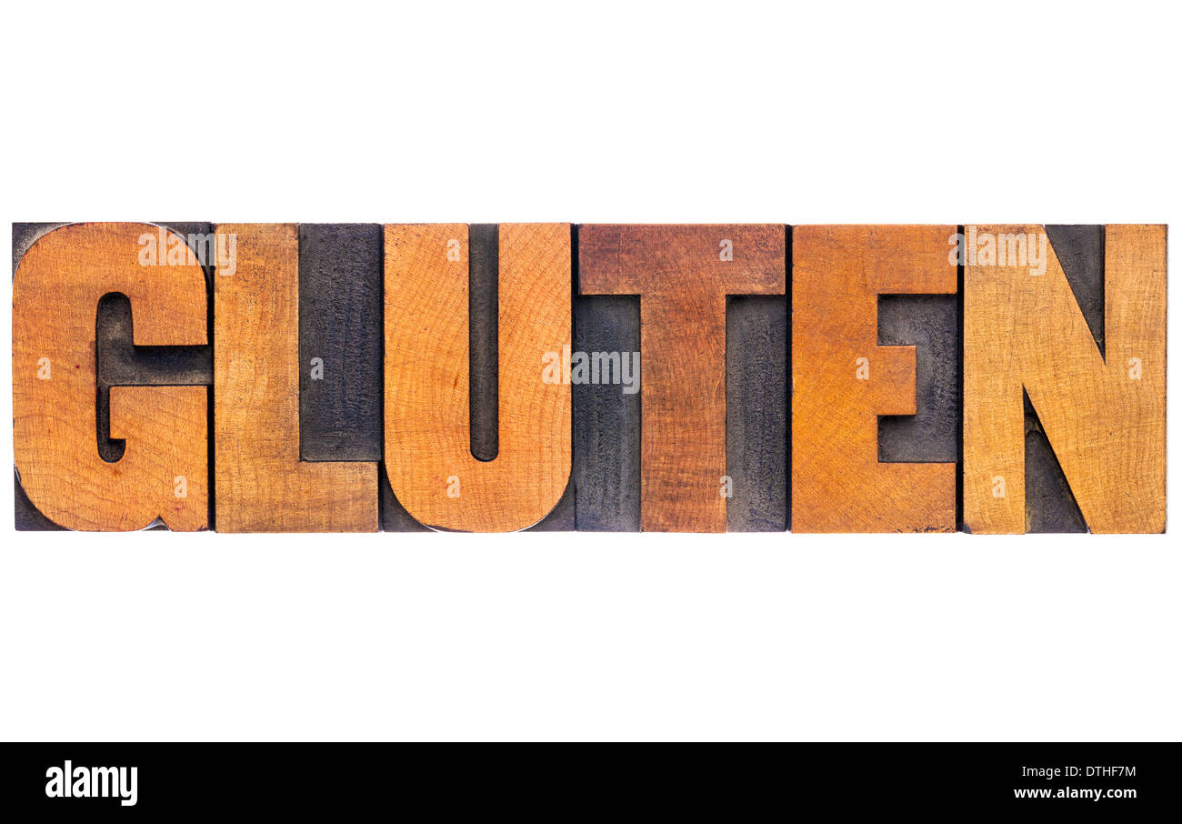 Gluten-Wort - isolierten Text in Vintage Buchdruck Holzart Stockfoto