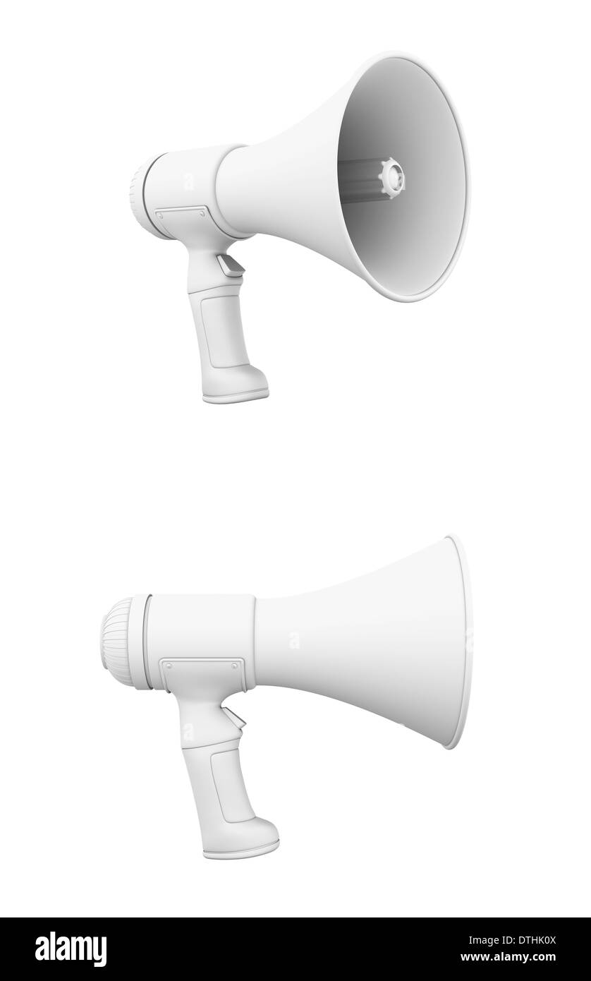 Zwei Ansichten von einem Megaphon in Graustufen auf weißem Hintergrund Stockfoto