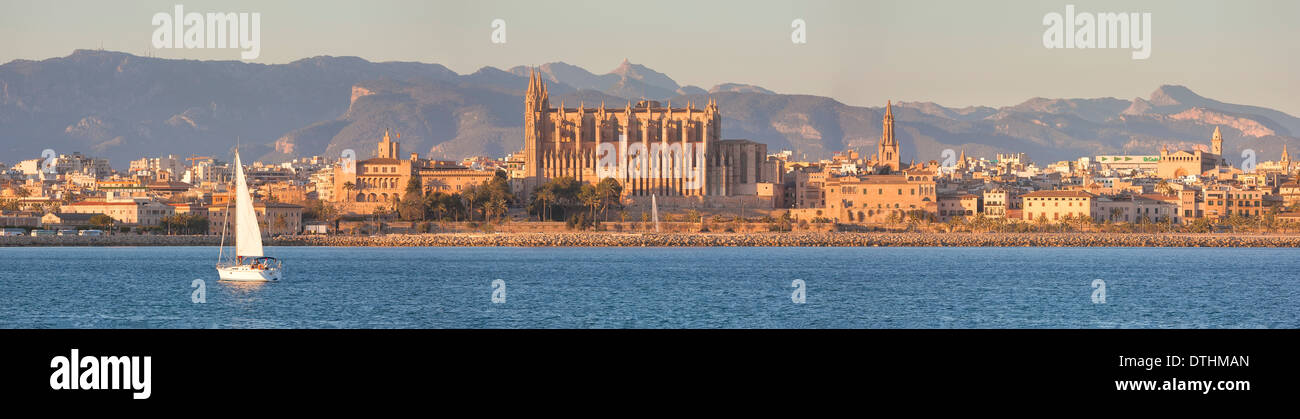 Skyline von Palma de Mallorca und gotische Kathedrale. Tramuntana-Gebirge hinter. Mallorca, Balearen, Spanien Stockfoto