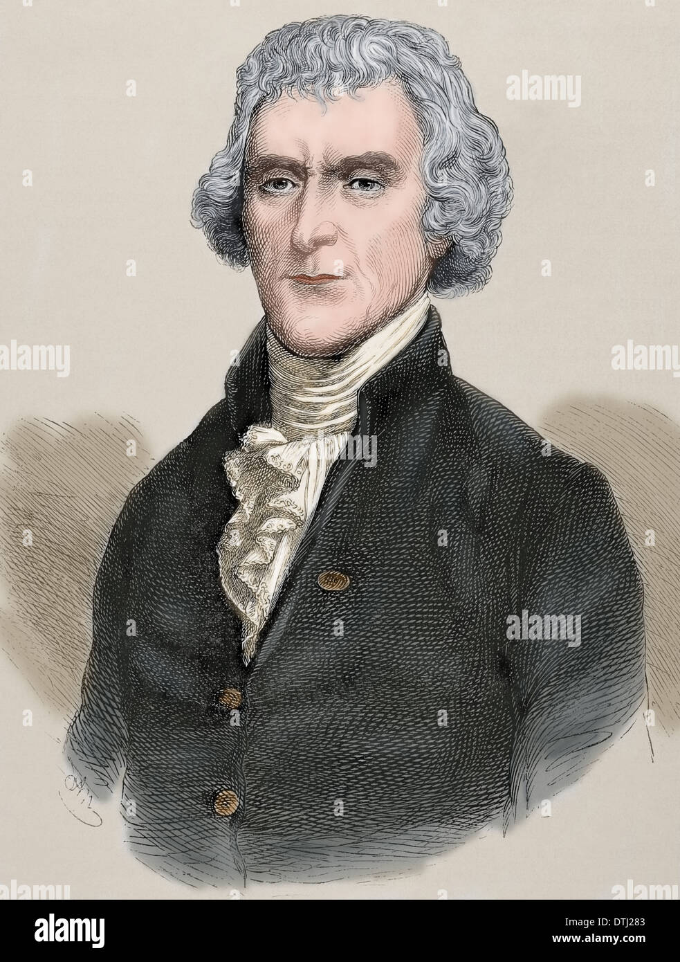 Thomas Jefferson (1743-1826). 3. Präsident und einer der Gründerväter der Vereinigten Staaten. Gravur. Farbige. Stockfoto