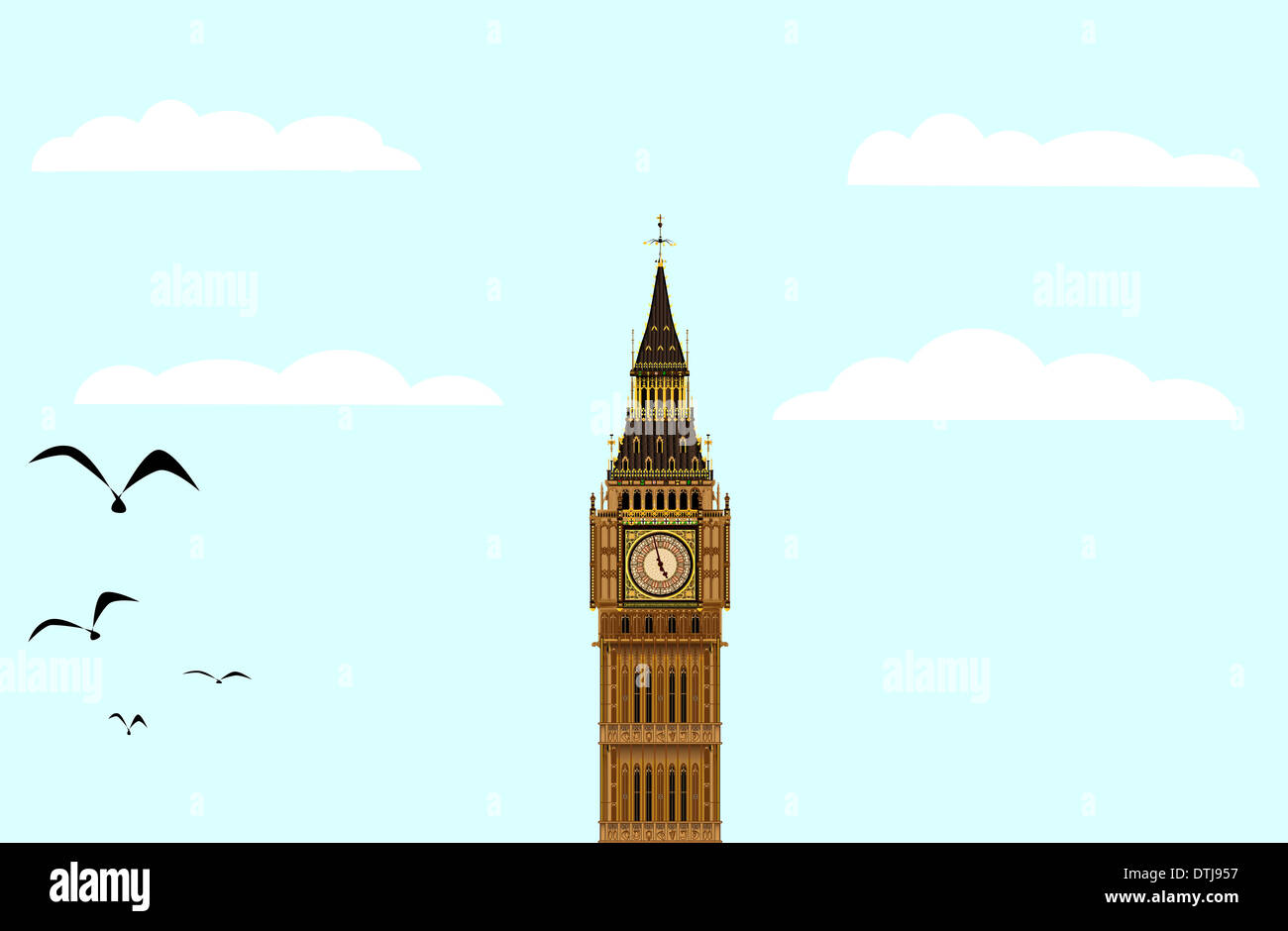 Das Londoner Wahrzeichen Big Ben Clocktower im Morgengrauen vor blauem Himmel mit Wolken und Vögel Stockfoto