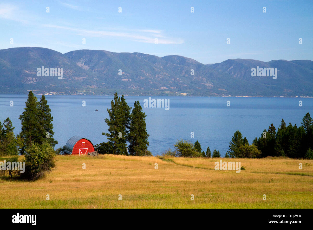 Rote Scheune und Ackerland entlang Flathead Lake, Montana, USA. Stockfoto