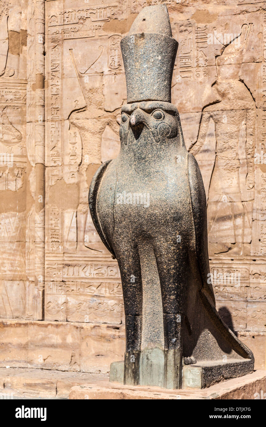 Die Granitstatue des Falcon-unter der Leitung Gottes Horus im alten ägyptischen Tempel des Horus in Edfu. Stockfoto