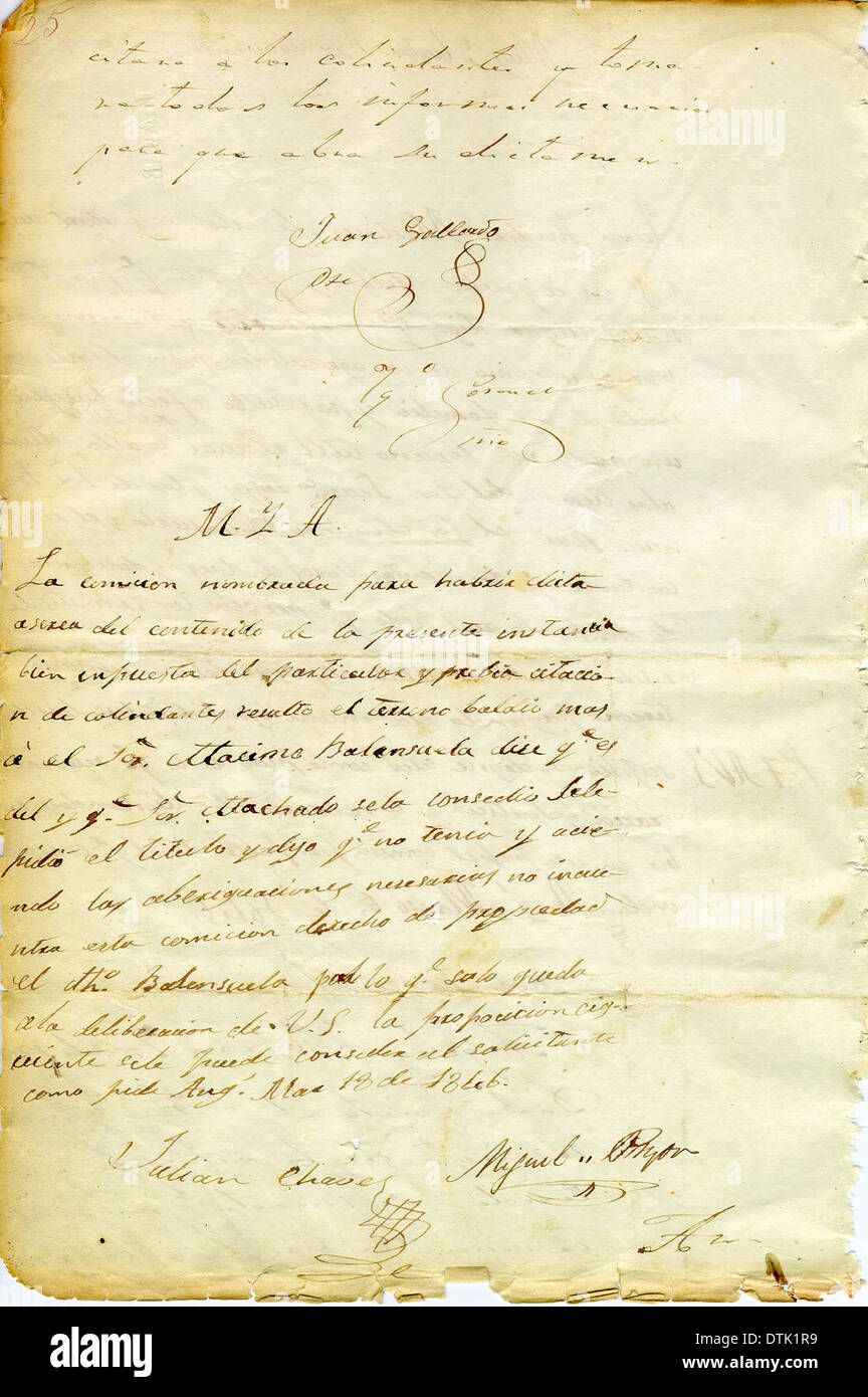 Eine Petition von Juan Andres Martines aus dem Jahr 1846, die landwirtschaftliche Flächen anforderte, die die Siedlung und landwirtschaftliche Expansion in Kalifornien während dieser Zeit widerspiegeln. Stockfoto