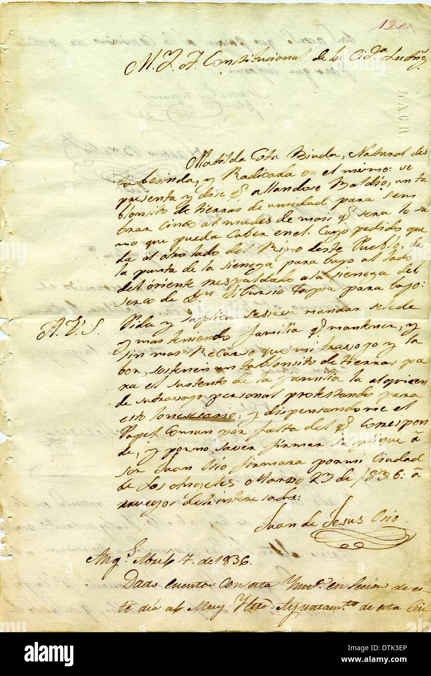 Ein historisches Dokument aus dem Jahr 1836, das die Petition von Matilda Cota um die Gewährung von landwirtschaftlichem Land zeigt und die Rechte des kalifornischen Grundstücks hervorhebt. Stockfoto