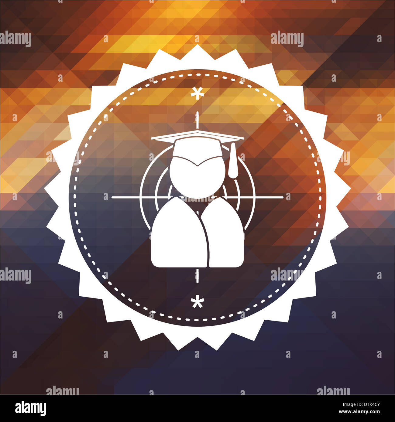 Symbol des Ziels mit menschliche Silhouette in Grad Hat. Retro-Label-Design. Hipster-Hintergrund von Dreiecken, Farbe-Flow-Effekt gemacht. Stockfoto