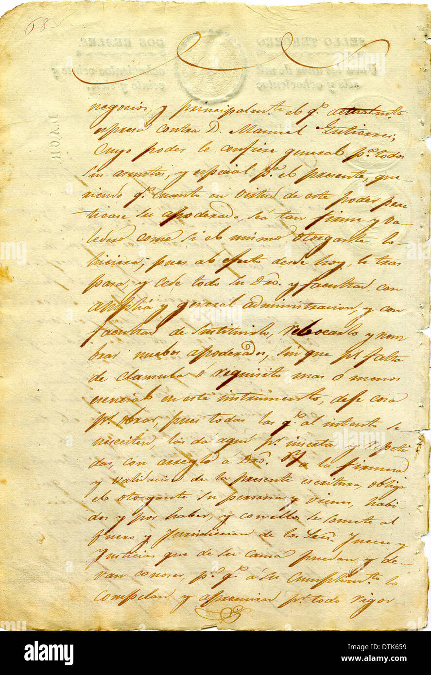 Eine historische Vollmacht aus dem Jahr 1838, ausgestellt von Juan Moreno, die rechtliche und persönliche Angelegenheiten in der frühen kalifornischen Geschichte zeigt. Stockfoto