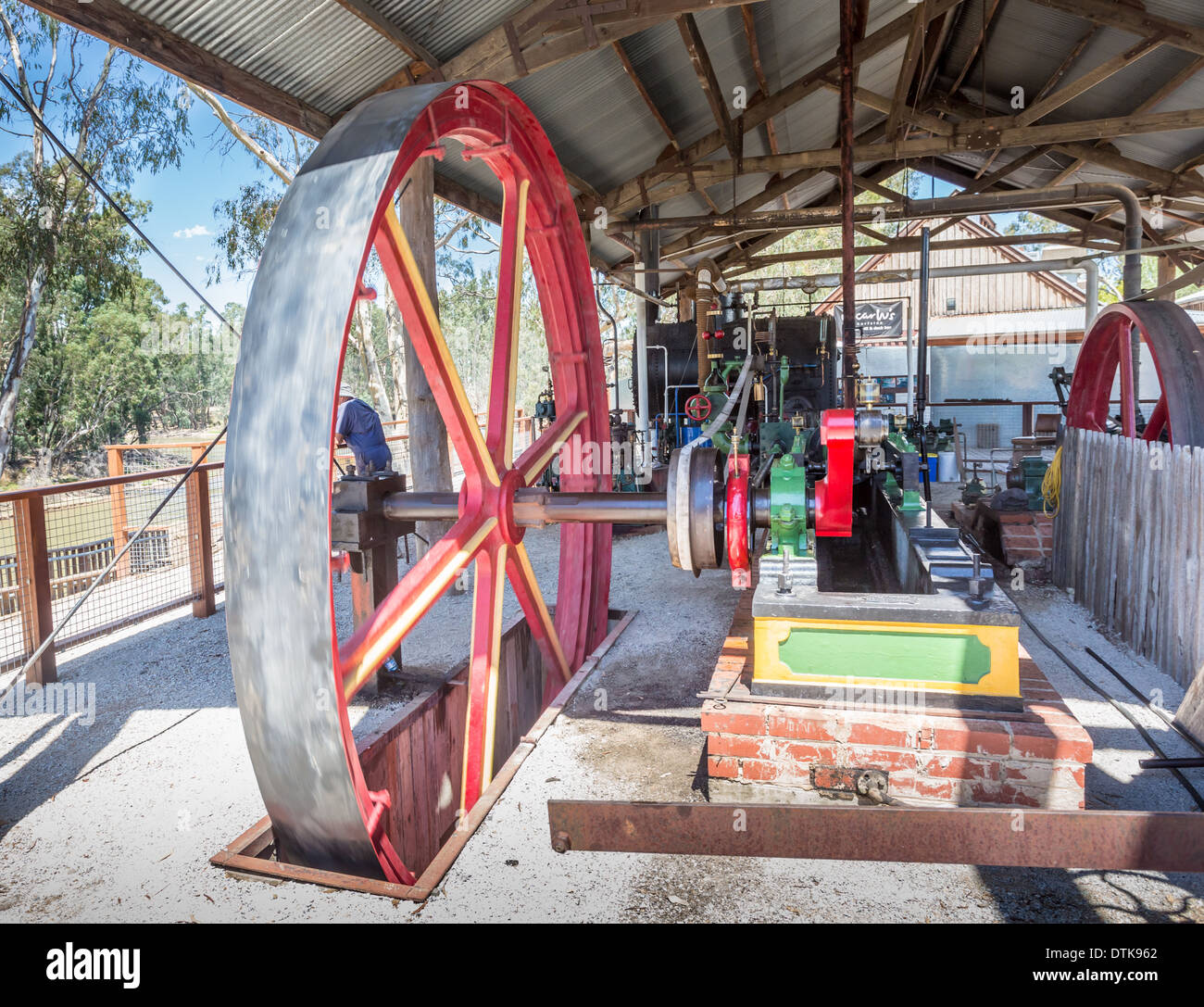 Dampfmaschine Haus und Schwungräder an den historischen Hafen von Echuca Bezirk auf dem Murray River, Victoria, Australien Stockfoto