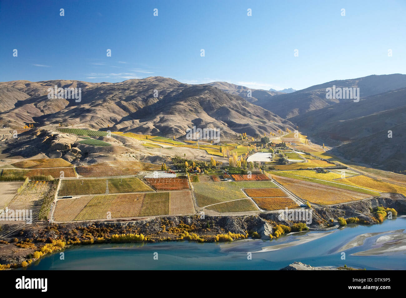 Lake Dunstan, Weinberge und Carrick Range, Bannockburn, Central Otago, Südinsel, Neuseeland - Antenne Stockfoto
