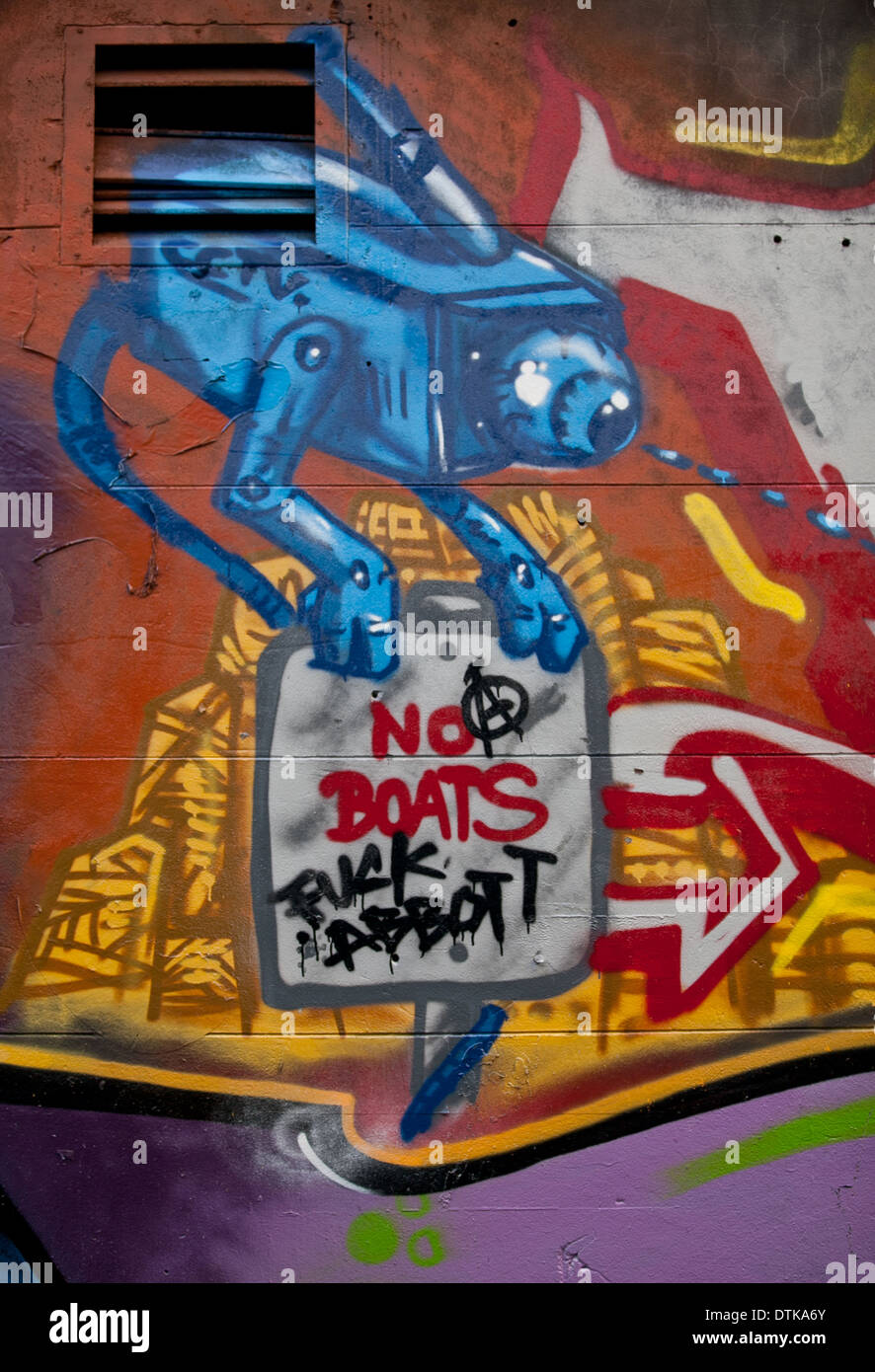 Abbott Regierung Anti Einwanderung Protest Graffiti in Melbourne, Australien Stockfoto