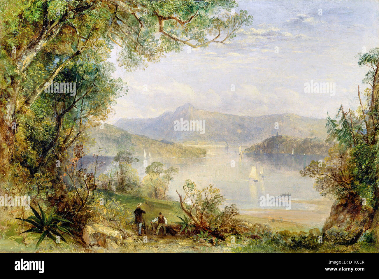 Thomas Creswick, Blick auf den Hudson River. Circa 1843. Öl auf Mahagoni. Yale Center for British Art, New Haven, USA. Stockfoto