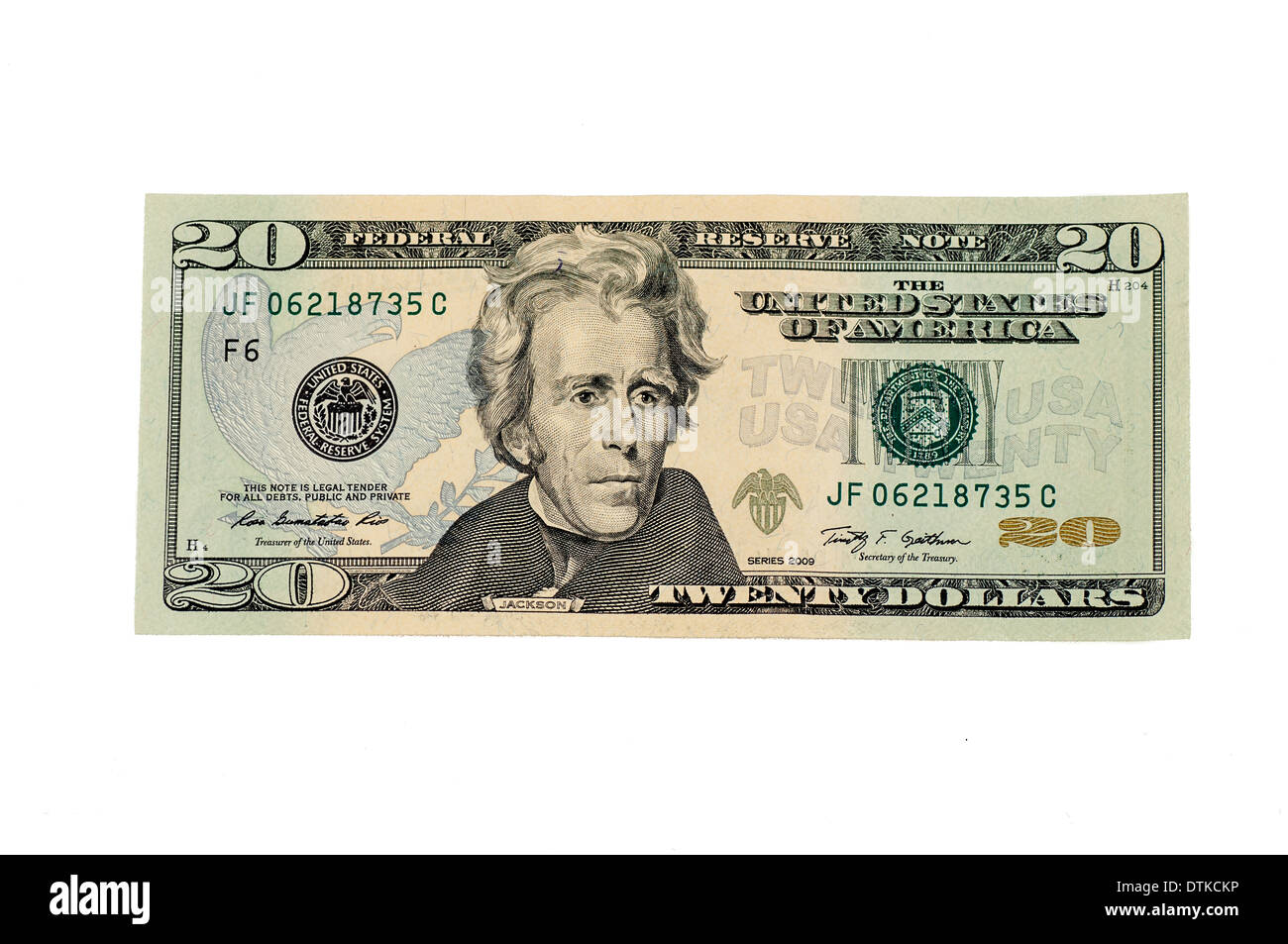 Amerikanische 20-Dollar-Banknote über weiß Stockfoto