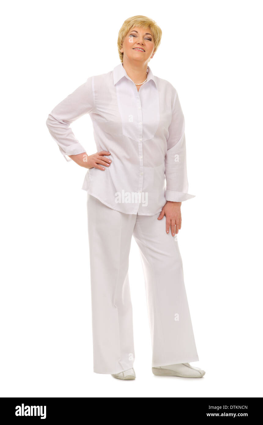 Glücklich lächelnde senior Frau isoliert Stockfoto