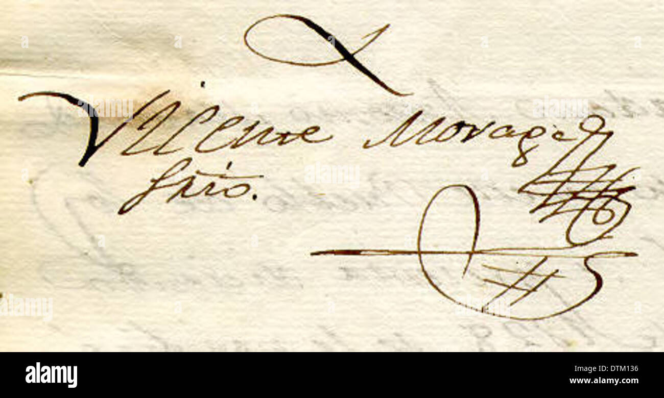 Eine historische Signatur von Vicente Moraga aus dem Jahr 1833, die seine Rolle und Identität in der frühen kalifornischen Geschichte dokumentiert. Stockfoto