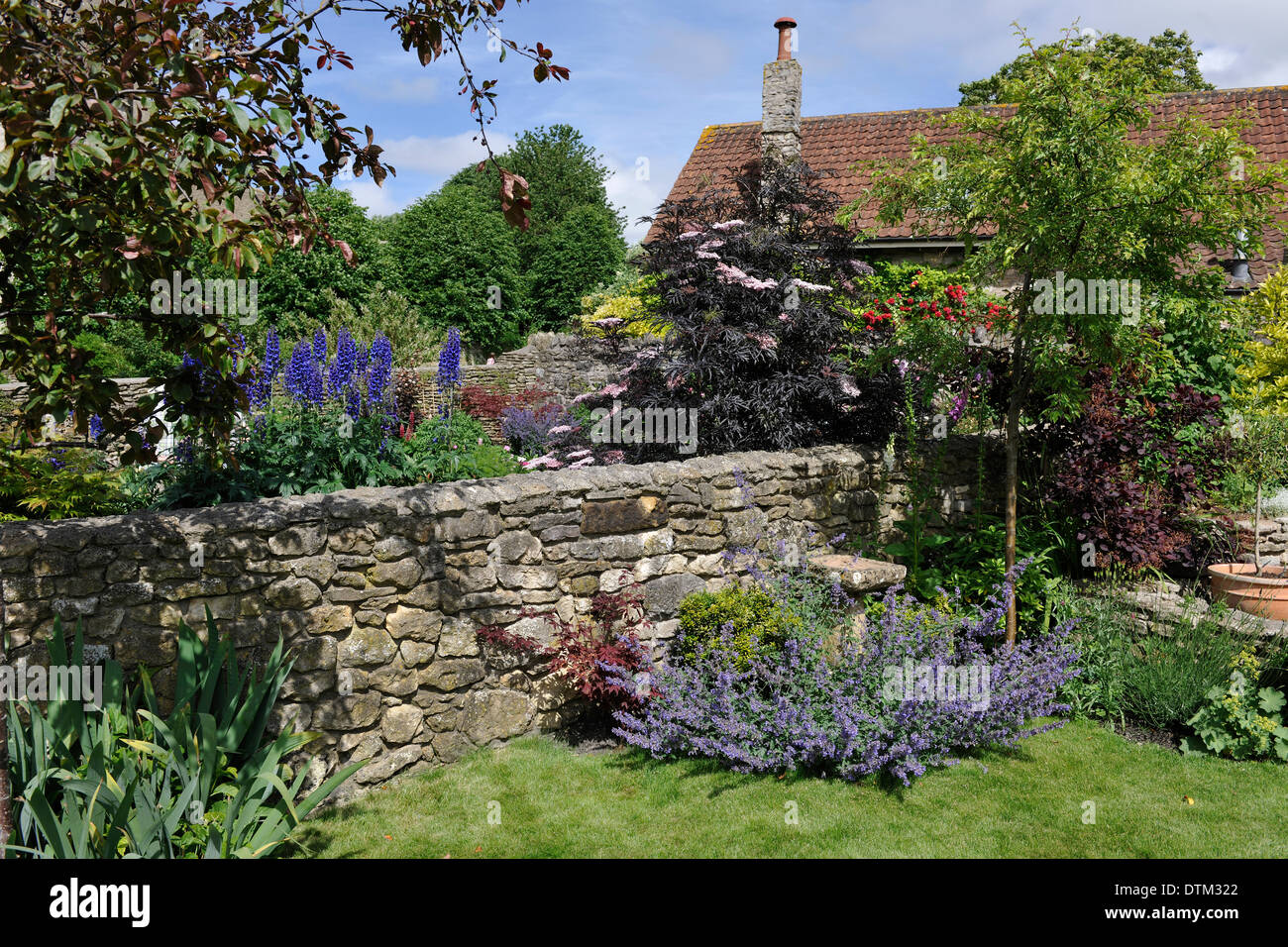 Privater Garten in dem kleinen Dorf Nunney in Somerset, eines englischen Gartens in ländlichen Somerset Stockfoto