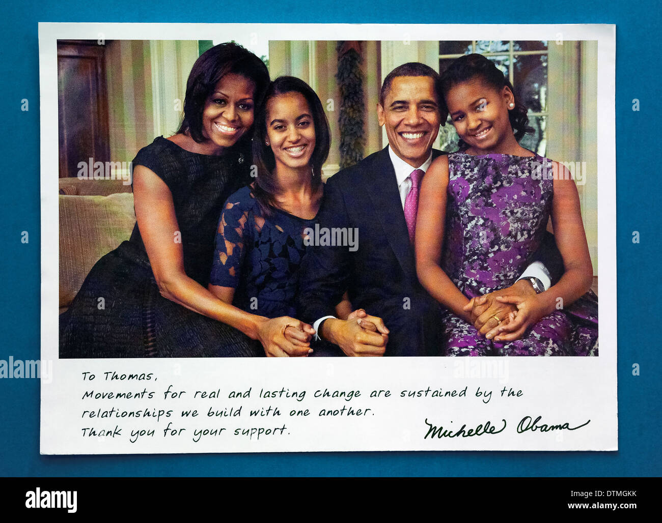 Eine Foto-Grußkarte aus den Vereinigten Staaten erste Familie dank ein Verfechter von Barack Obama bei seiner Wiederwahl für US-Präsident im Jahr 2012. Stockfoto