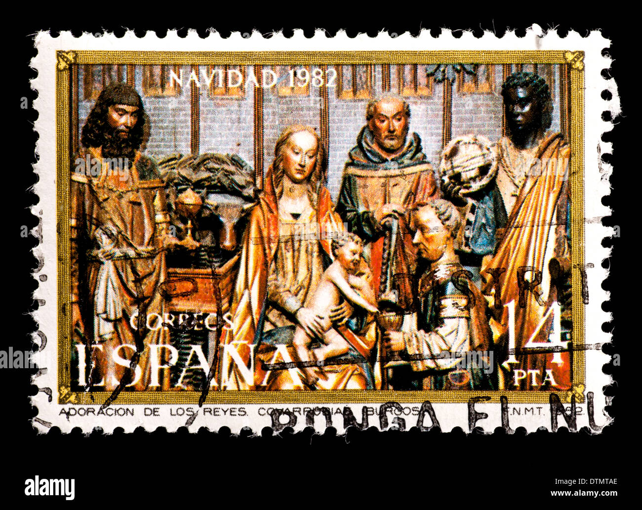 Briefmarke aus Spanien, die Darstellung der Geburt Christi, Holzschnitzerei von Gil de Siloe, ausgestellt für Weihnachten, 1982. Stockfoto