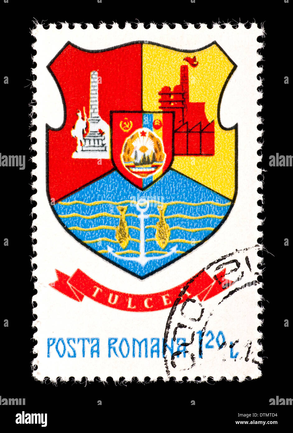 Briefmarke aus Rumänien, die Darstellung der Wappen der rumänischen Grafschaft von Tulcea Stockfoto
