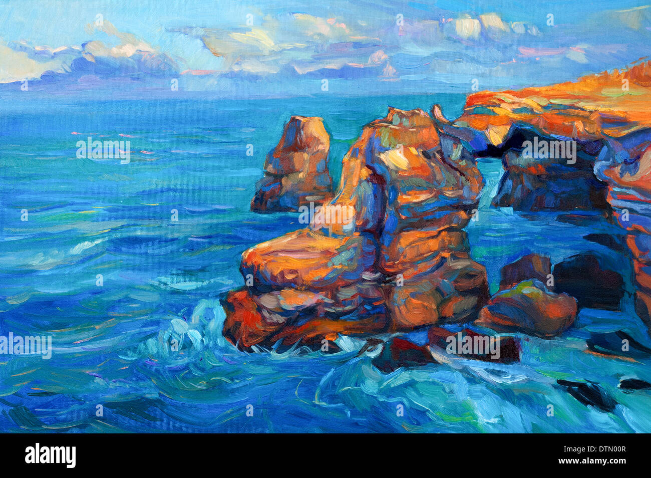 Original abstraktes Ölgemälde auf Klippen und das Meer auf Leinwand. Moderne Impressionismus Stockfoto